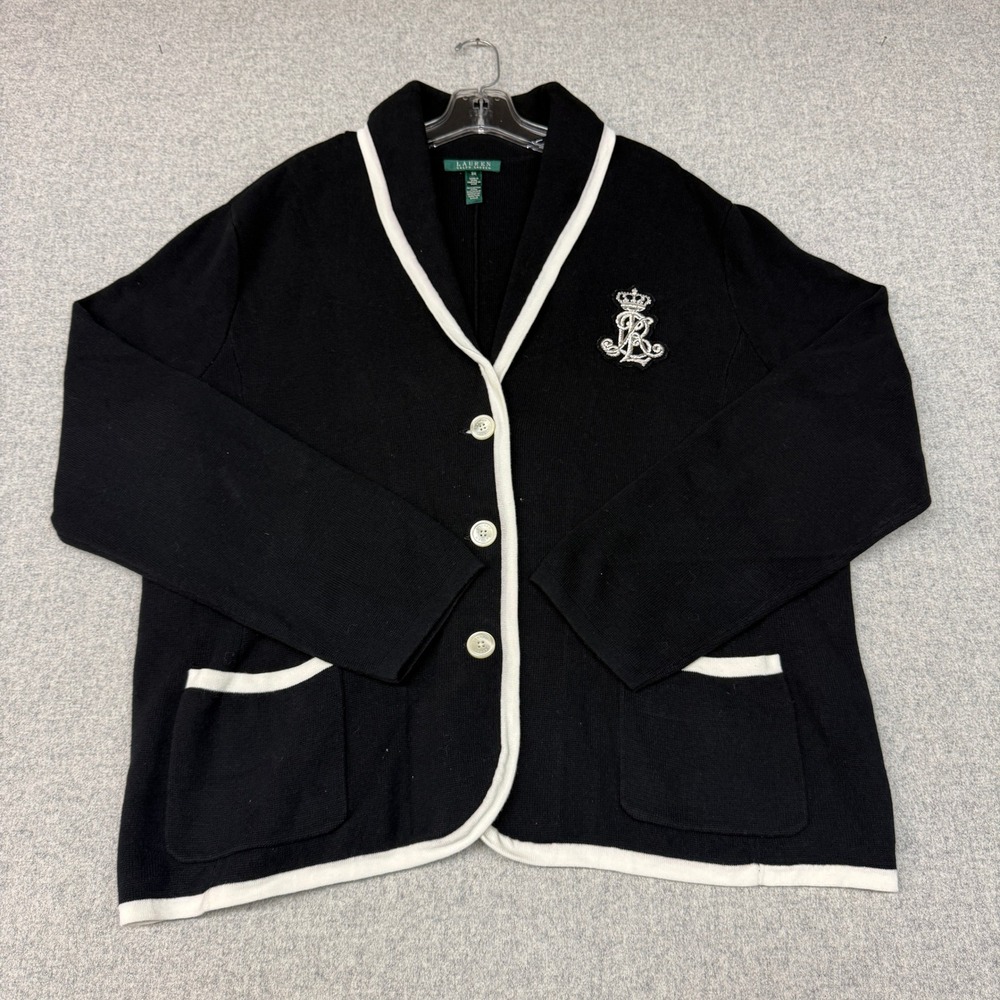 Lauren Ralph Lauren Cardigan Sweater 3X Black White Crest Shawl Collar Cotton